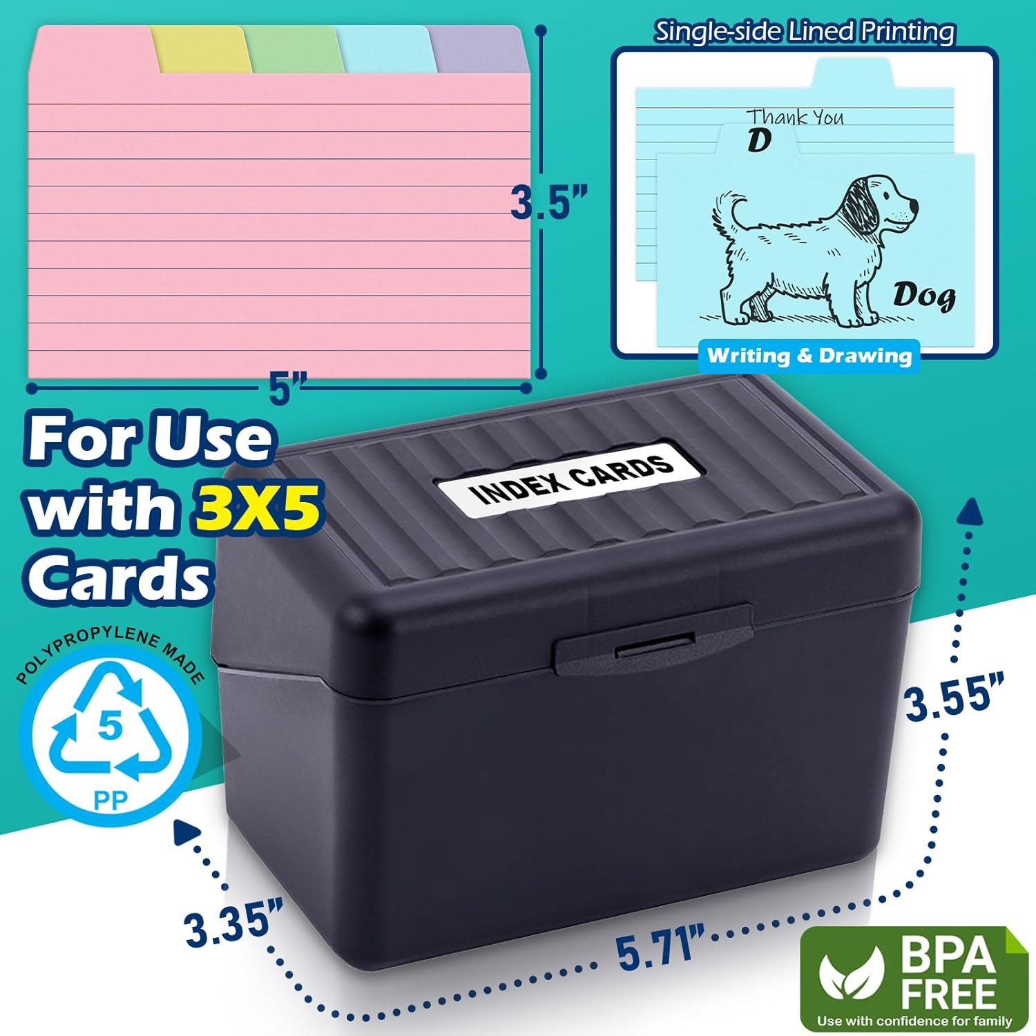 3X5 Index Card Holder Box with 100 Cards Dividers Tabs 3″X 5″, Teal