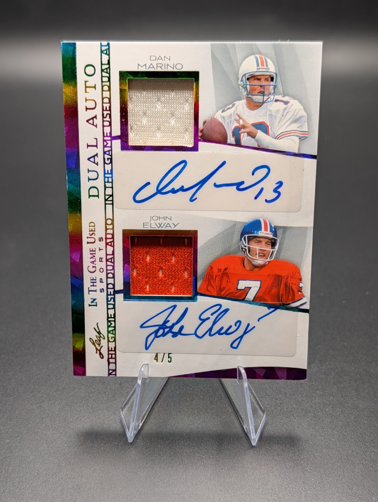 2025 Leaf In The Game Used – Dan Marino & John Elway Dual Jersey Patch Auto 4/5