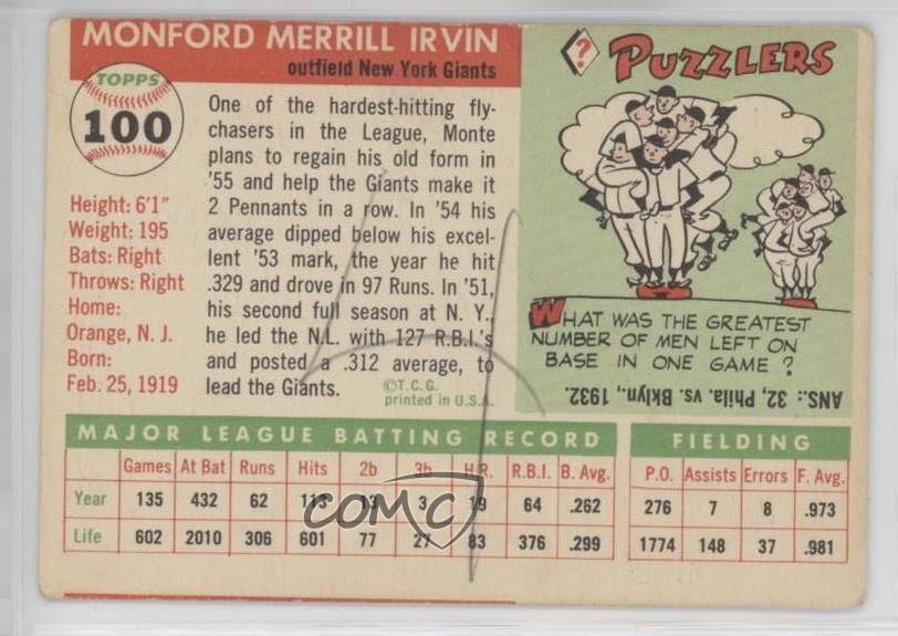 1955 Topps Monte Irvin #100 HOF 12in