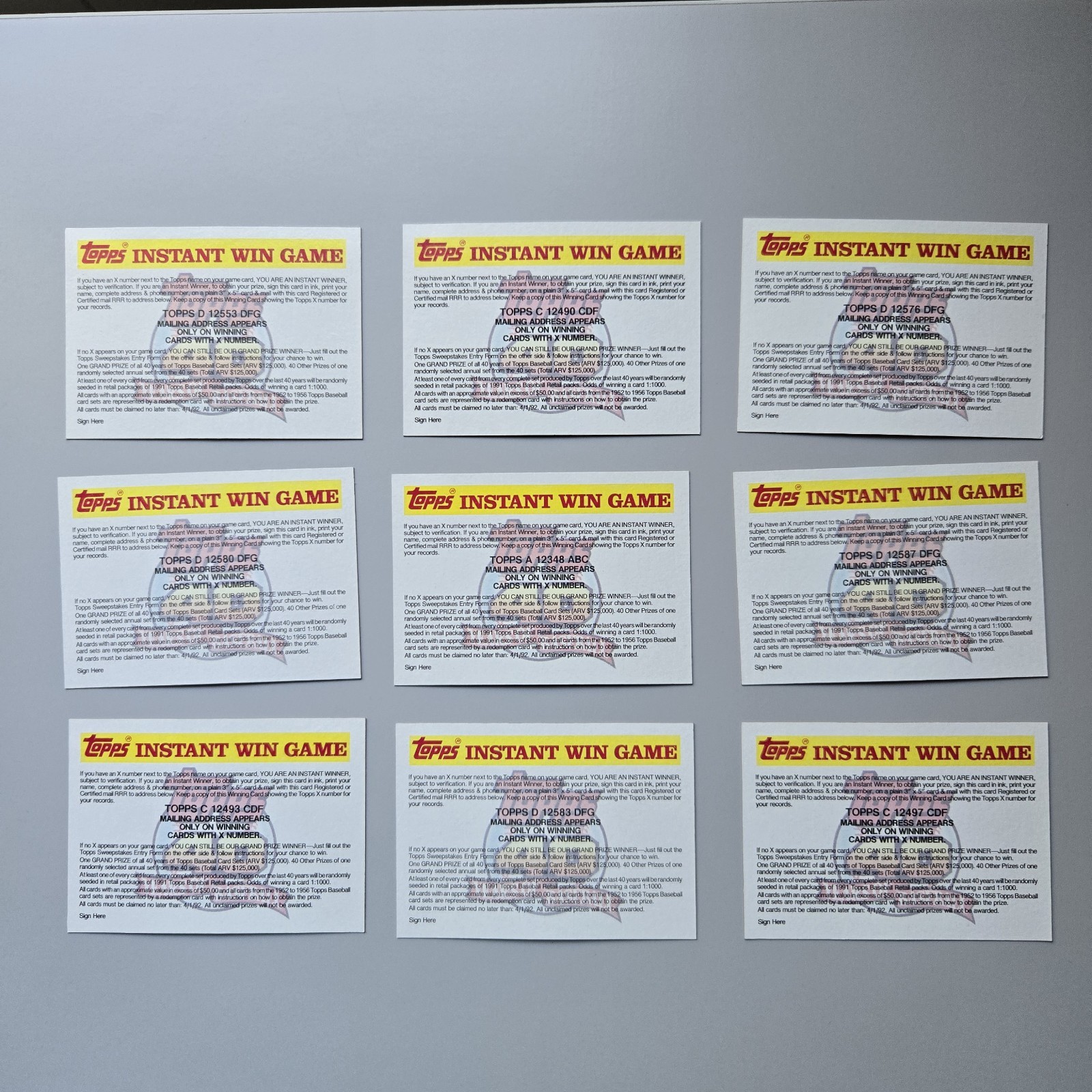 LOT OF 36 CARDS – 1991 Topps Baseball 40th Anniversary Instant Win Game Contest