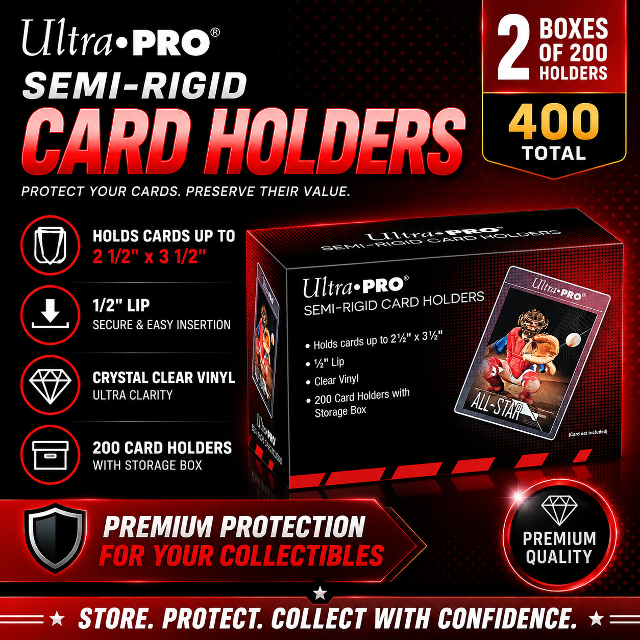 (400ct) Ultra PRO Semi-Rigid Card Holders – Sleeves 2 1/2 X 3 1/2 – 400 Count