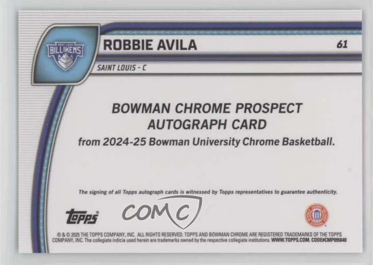 2024-25 Bowman U Chrome Blue Shimmer Refractor /35 Robbie Avila #61 Auto 1bj7