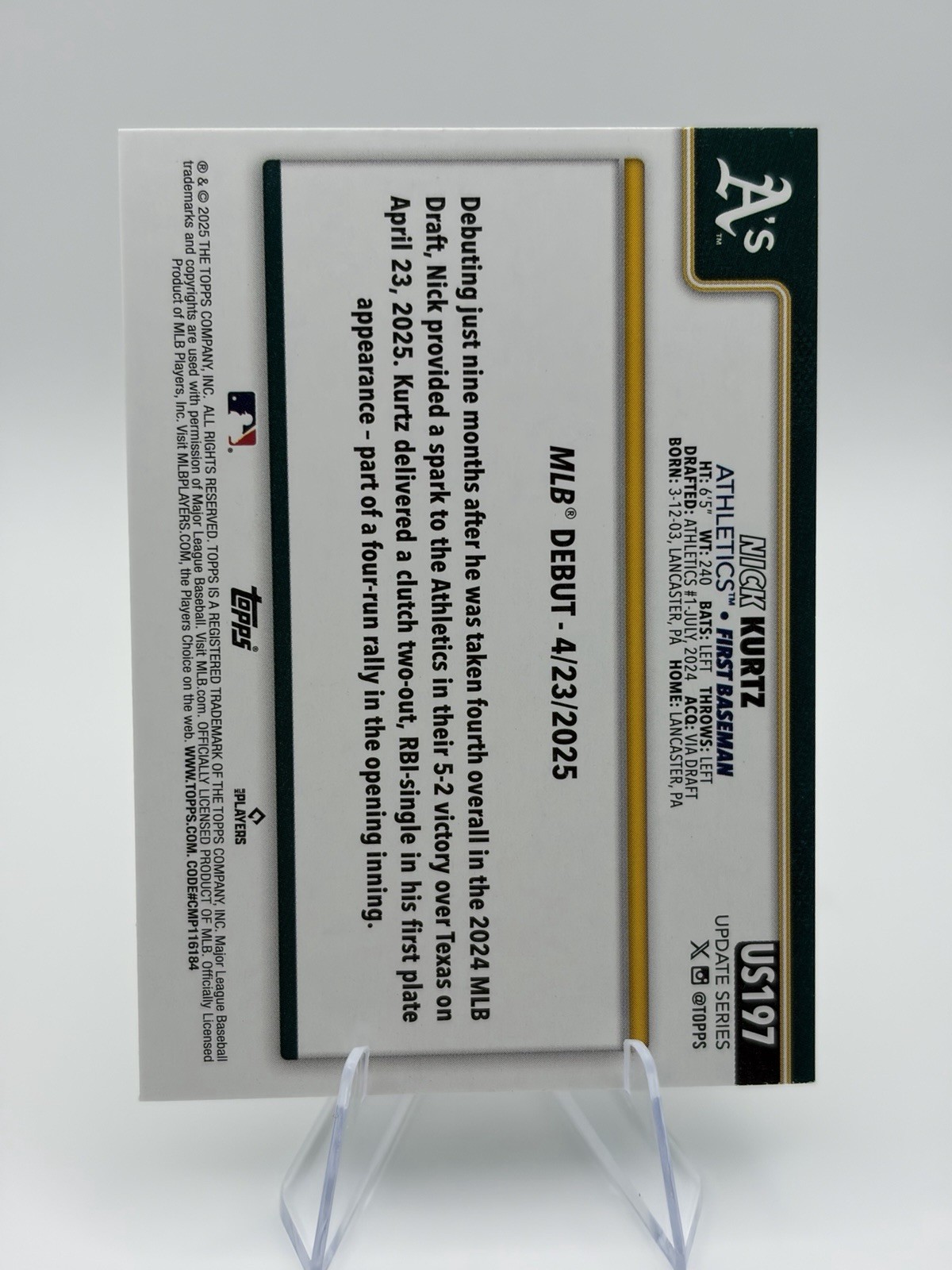 2025 Topps Update #US201 Nick Kurtz Aqua Rainbow Holo Foil SP RC Athletics