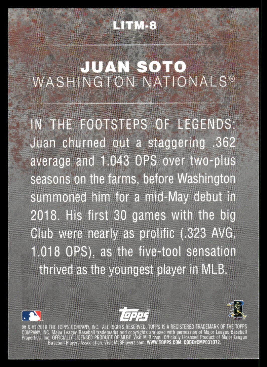 2018 Topps Update Juan Soto #LITM-8 Rookie Card (RC) Legends in the Making