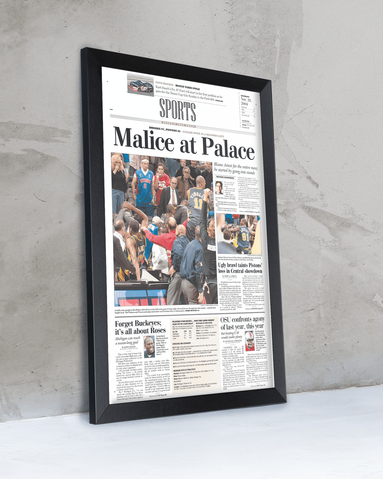 2004 Malice at the Palace Pacers vs. Pistons Brawl Framed Newspaper:
