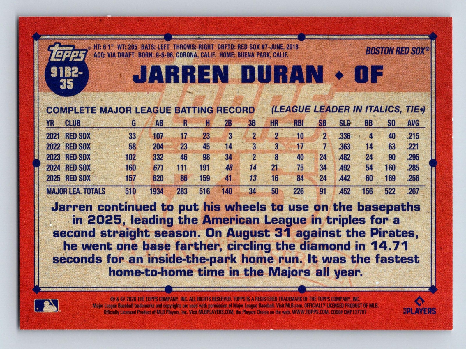 2026 Topps Series 2 Jarren Duran #91B2-35 Crackle Foil