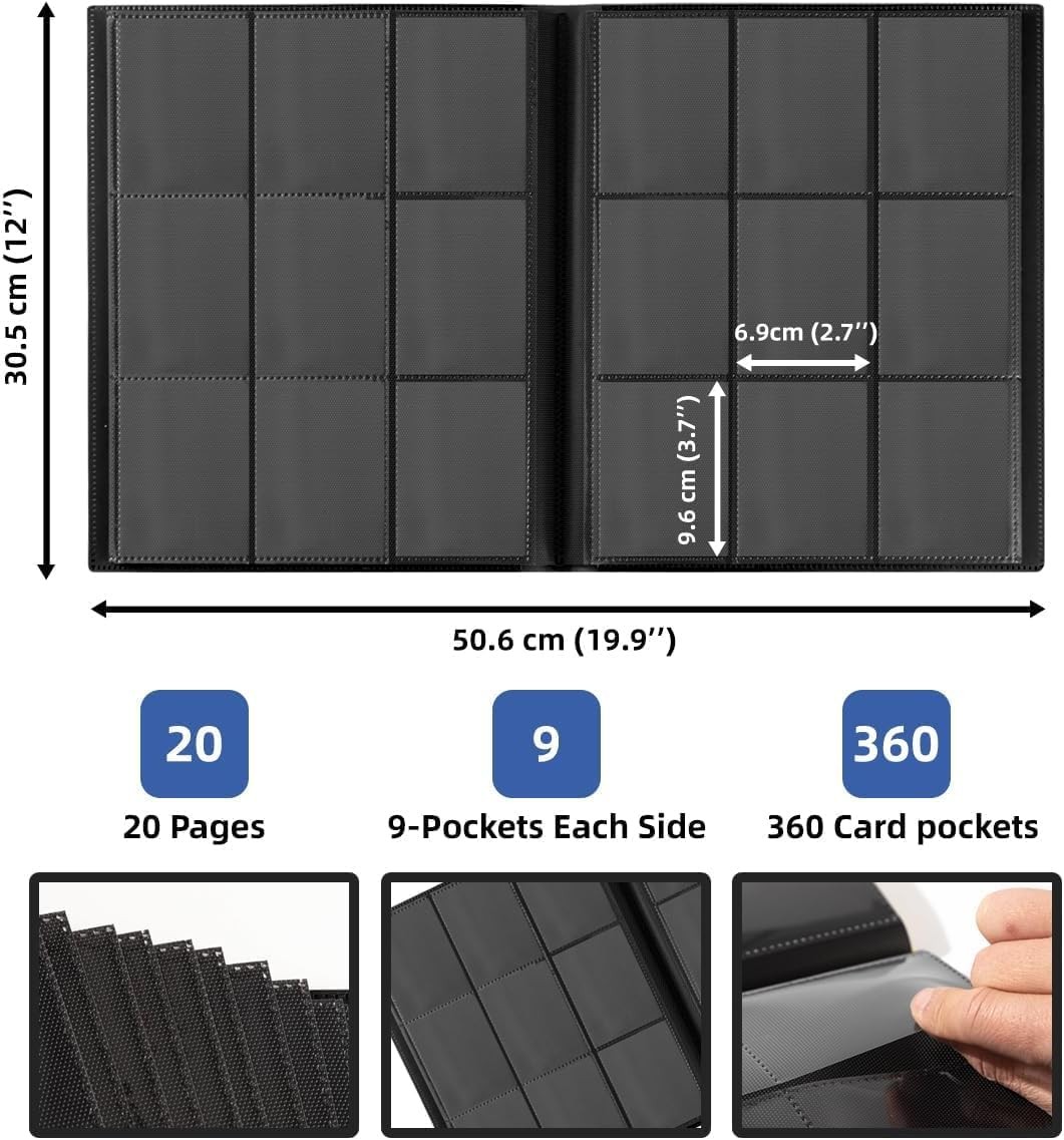 360 Card Pocket Binder with Elastic 9 Pocket Trading Cards Album Folder, Black