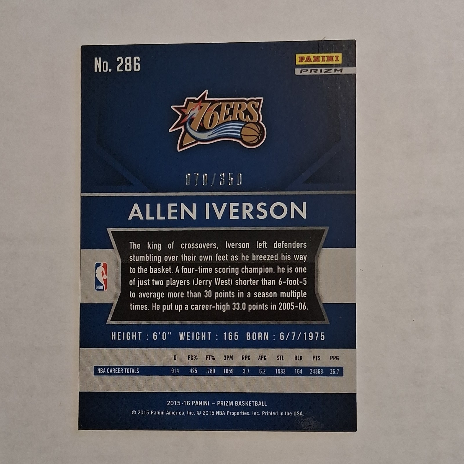 Panini Prizm 2015-16 Allen Iverson #286 Ruby Wave Prizm /350 76ers