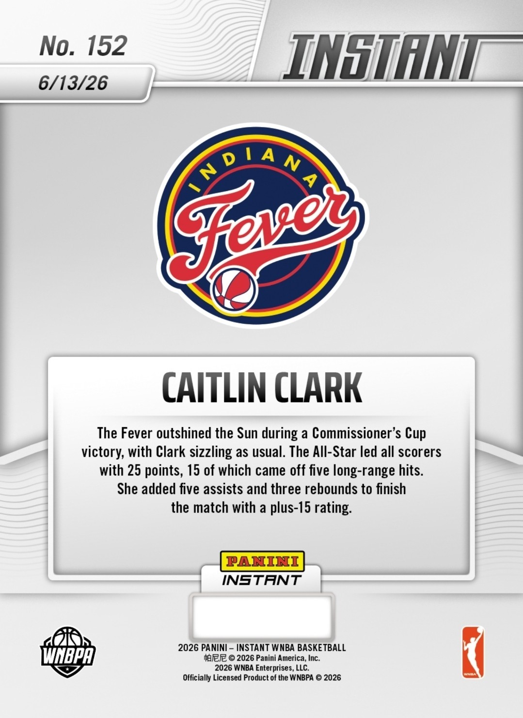 Caitlin Clark – 2026 Panini Instant WNBA # 152 Indiana Fever – -PRESALE–
