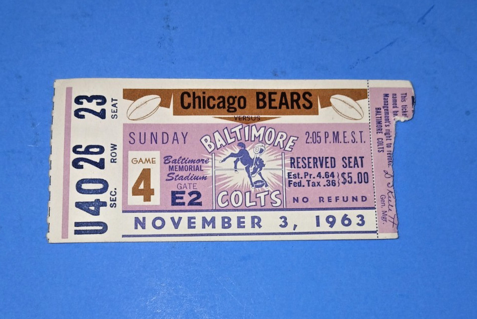 November 3, 1963 – BALTIMORE COLTS TICKET STUB vs Chicago Bears – NICE!