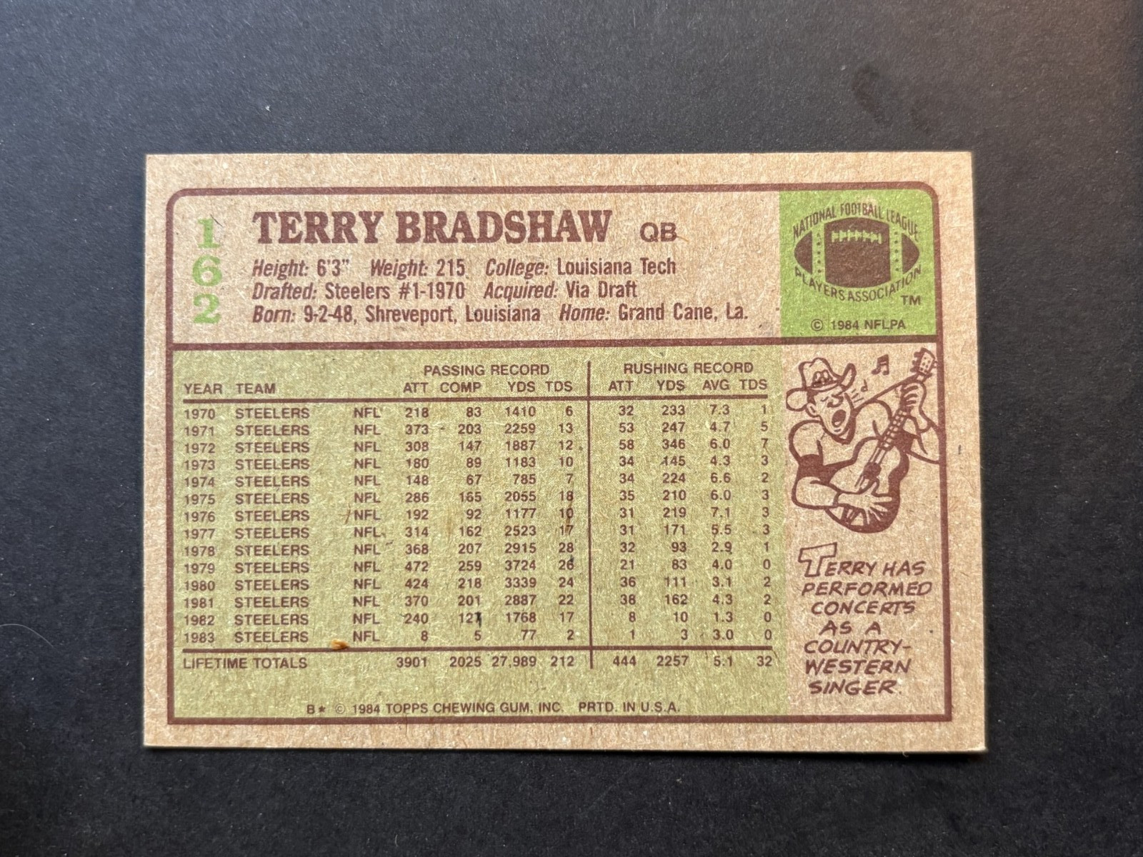 1984 Topps TERRY BRADSHAW #162 Pittsburgh Steelers Louisiana Tech