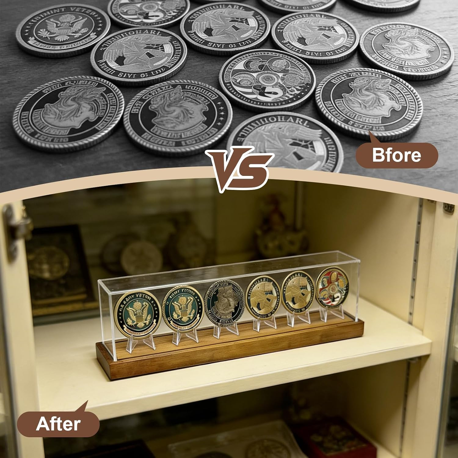 Championship Ring Display Case, 6 Slots Acrylic Coin Display Case with Solid Aca