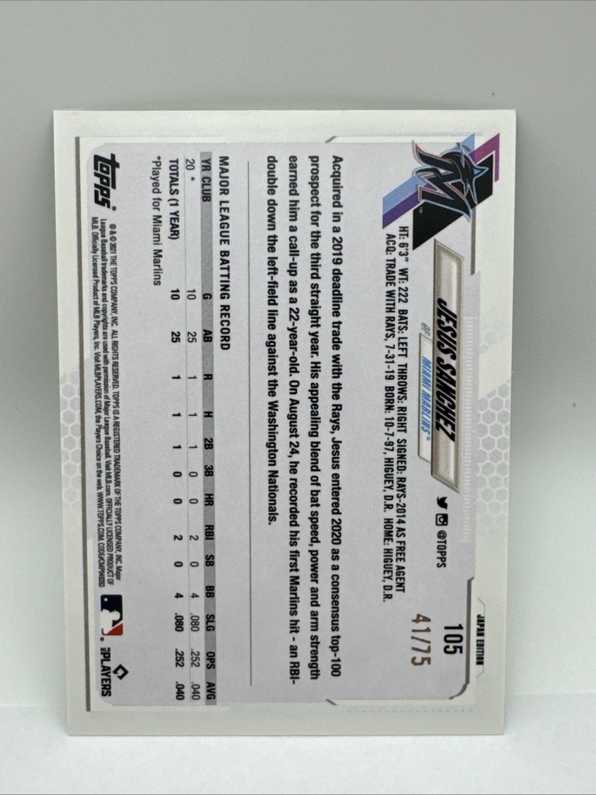 2021 Topps Japan Edition – Jesus Sanchez #105 Jade Green /75 (RC) Marlins