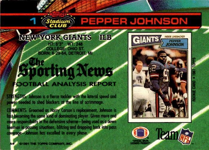 Pepper Johnson 1991 Stadium Club #1 New York Giants