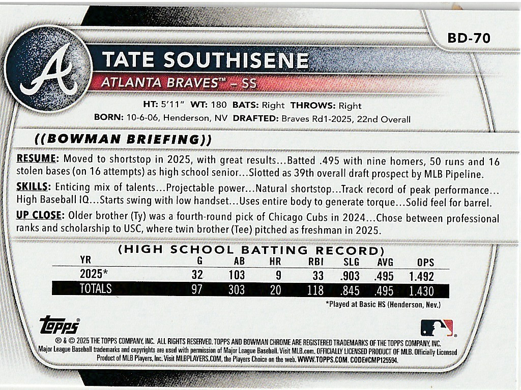 Tate Southisene Atlanta Braves 2025 Bowman Draft 1st Bowman **