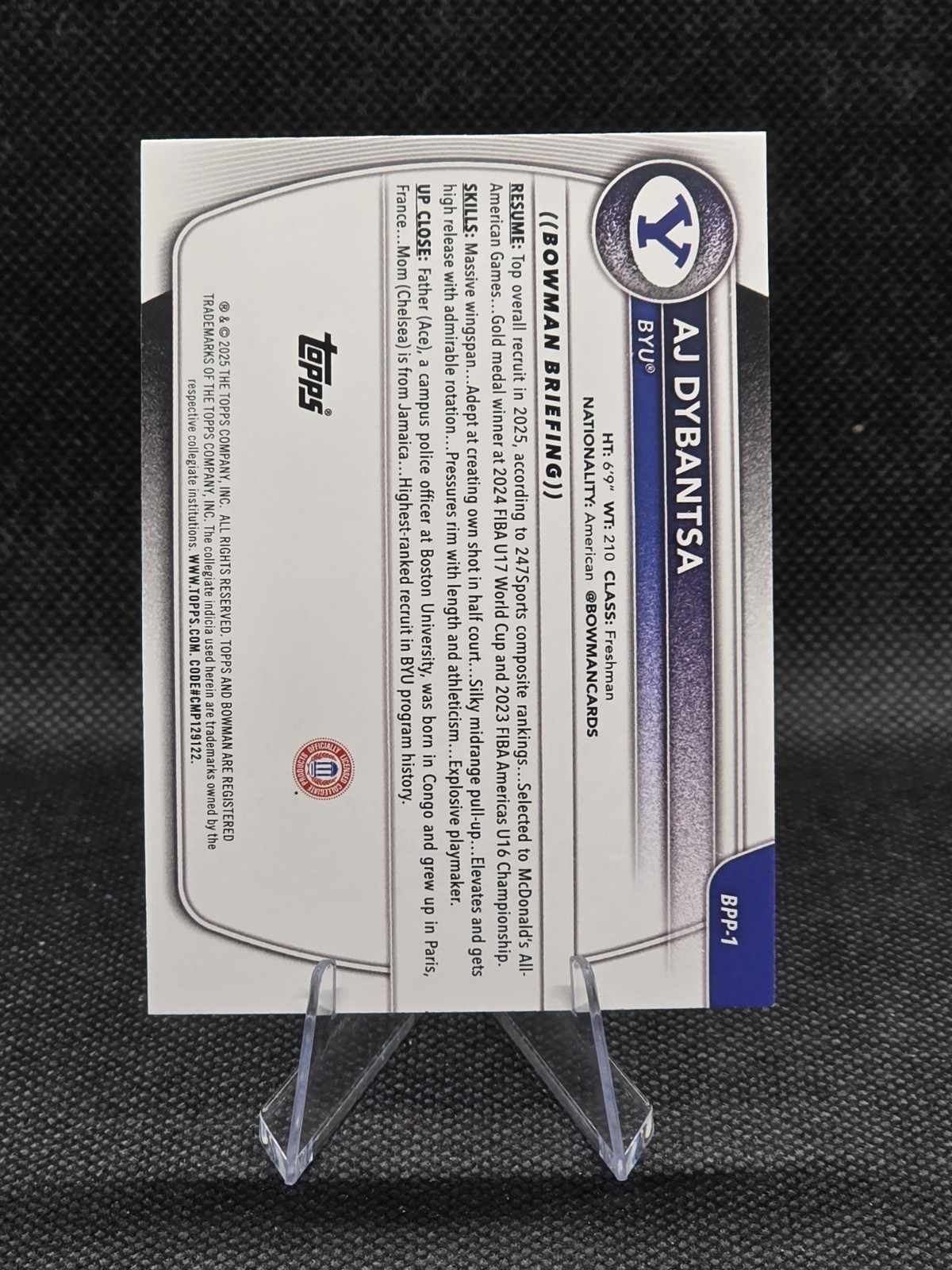 AJ Dybantsa 2025-26 Bowman #BPP-1 + Bowman Chrome #BCP-1 1st Bowman RC BYU
