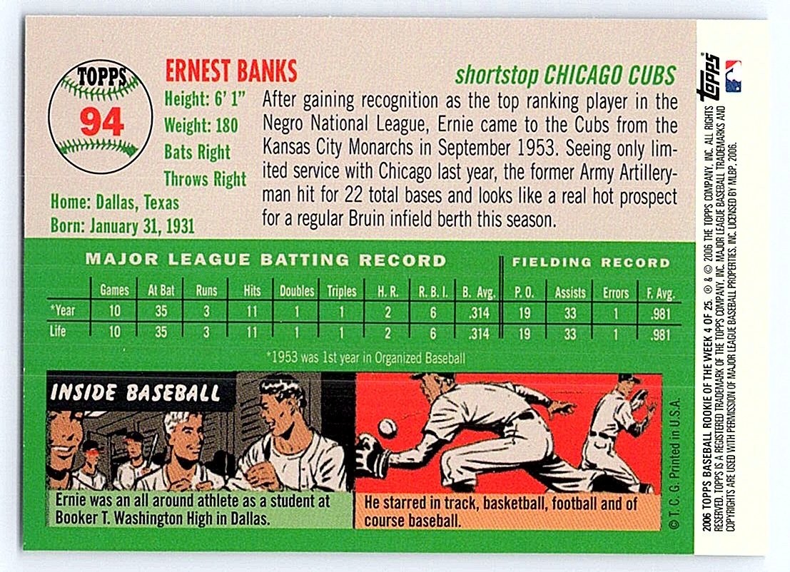 ERNIE BANKS CUBS 2006 TOPPS ROOKIE OF THE WEEK – ROOKIE REPRINT #4of25