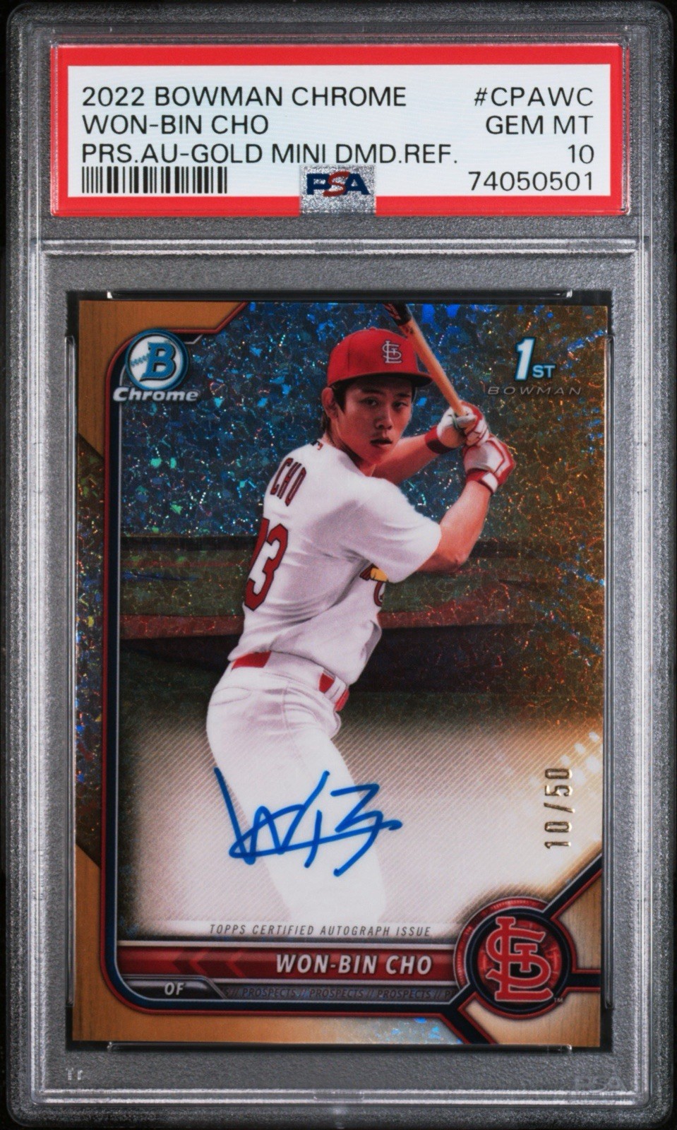 Won-Bin Cho 2022 Bowman Chrome 1st Gold Mini Diamond Refractor Auto /50 PSA 10
