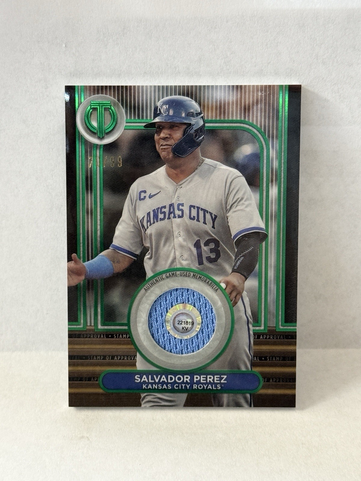 2024 Topps Tribute Stamp of Approval Relics Salvador Perez #SOA-SP Green 70 /99