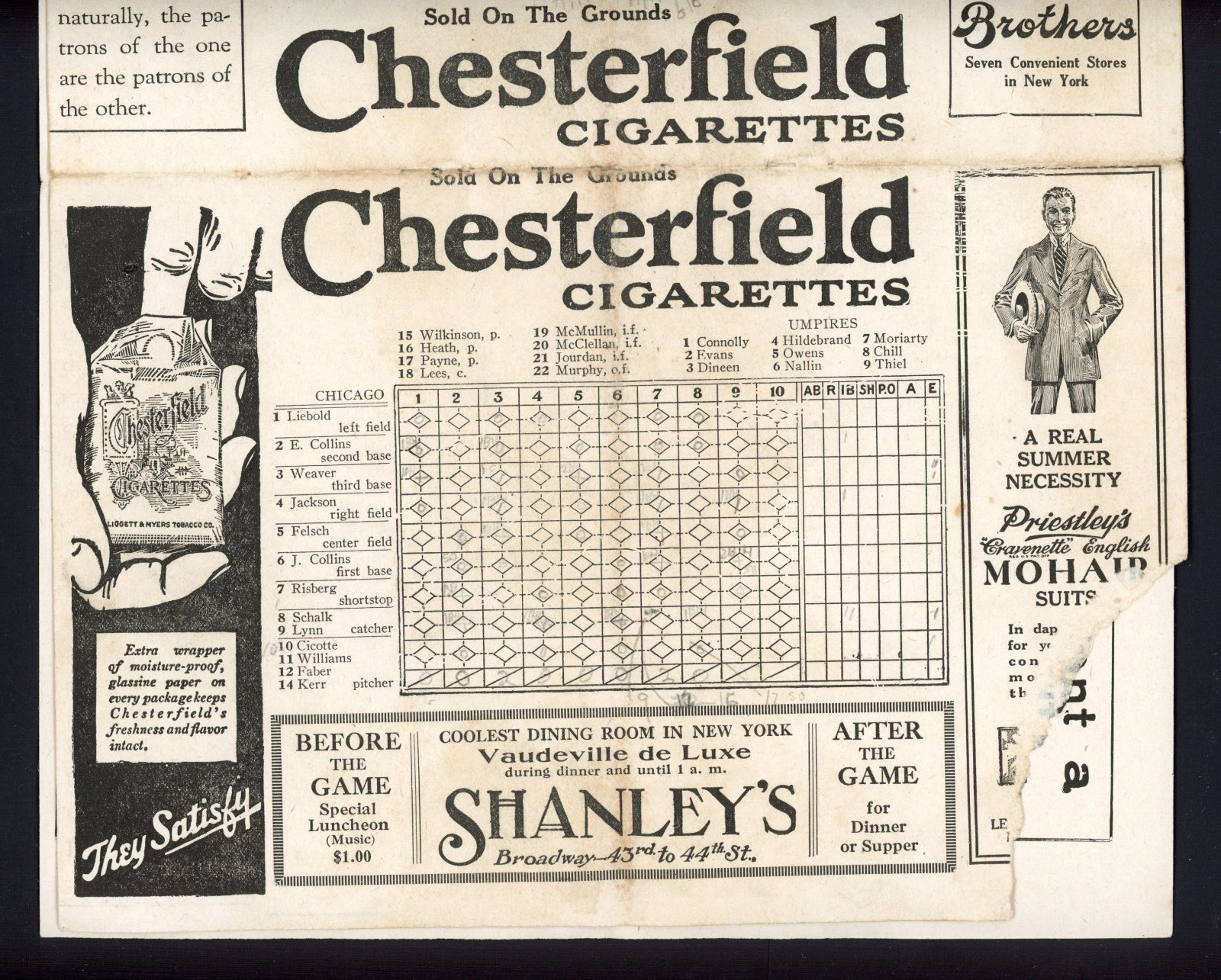 1920 New York Yankees Vs. White Sox Scorecard Babe Ruth Shoeless Joe Jackson