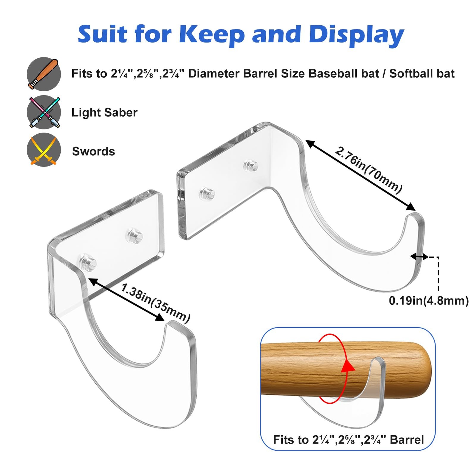 Baseball Bat Wall Mount Holder – 5mm Reinforced Acrylic Horizontal Rack for A…