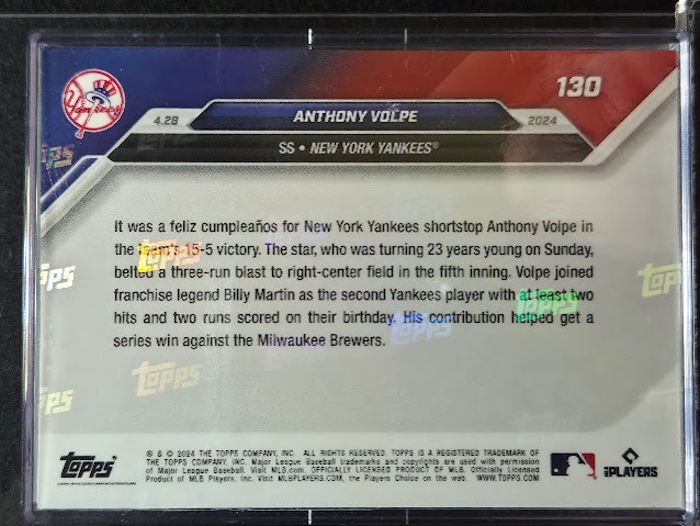 Anthony Volpe 2024 Topps Now #130 ‘Hits Birthday HR’ Yankees Free Shipping
