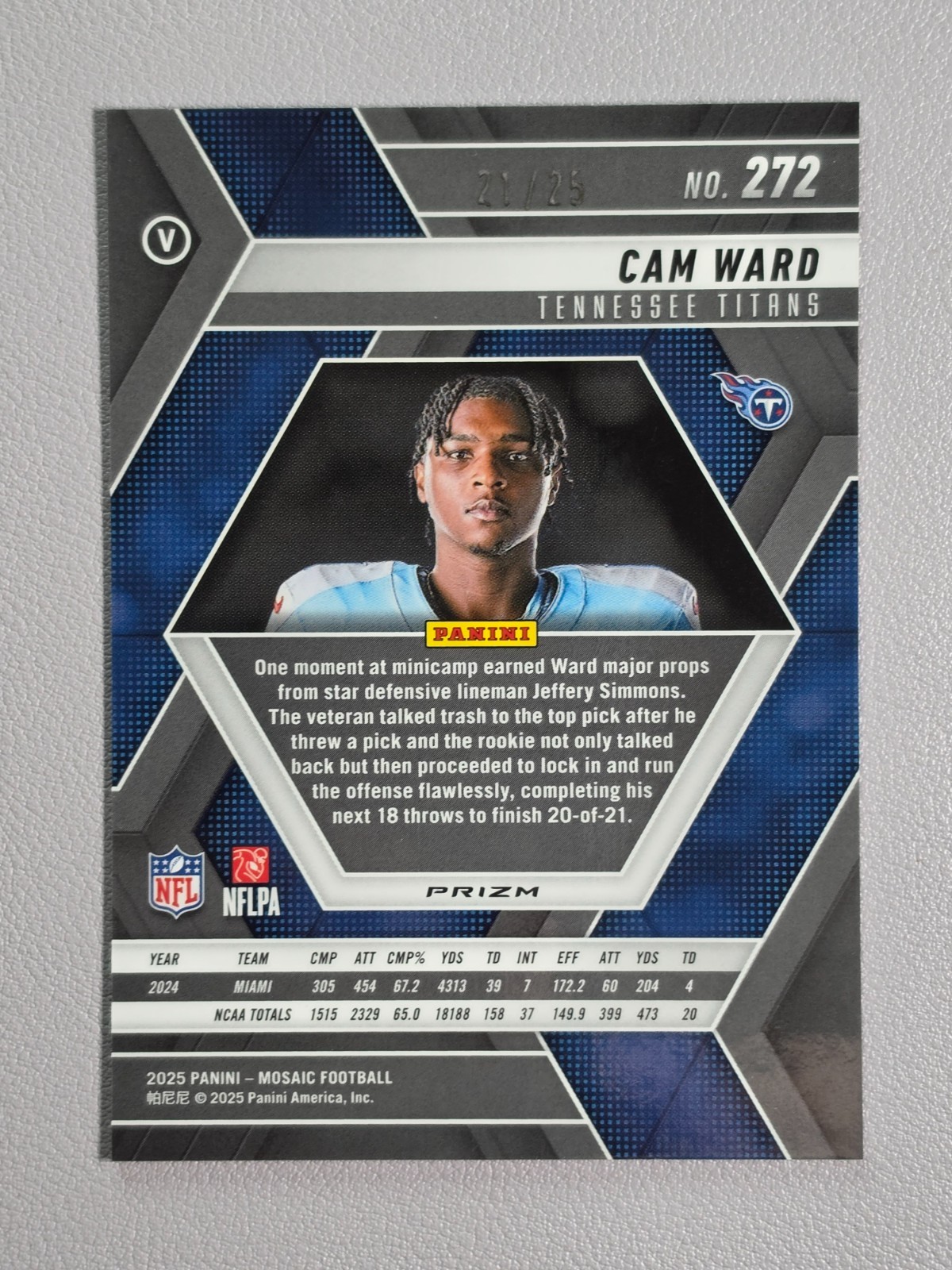 2025 Panini Mosaic #272 Cam Ward Rookie Variation RC White Prizm #/25 SSP Titans
