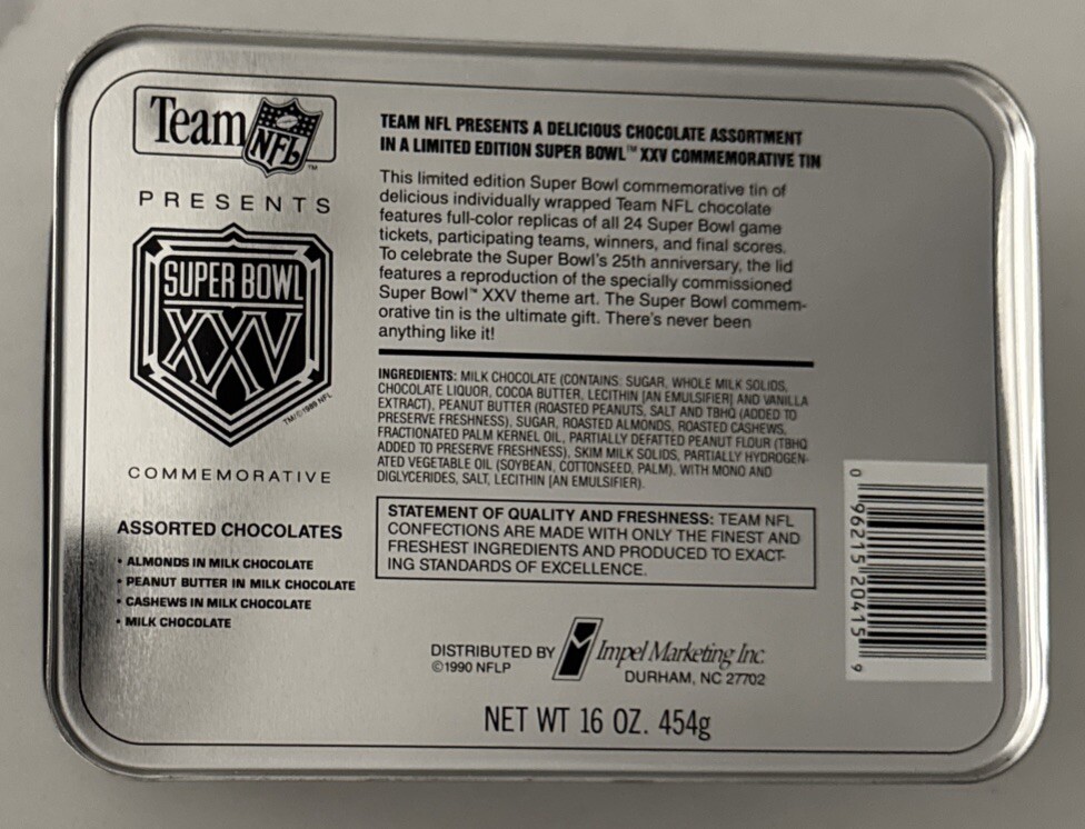 NFL Super Bowl XXV Silver Anniversary Candy Tin w/ SB Booklet (5” x 7” x 4”)