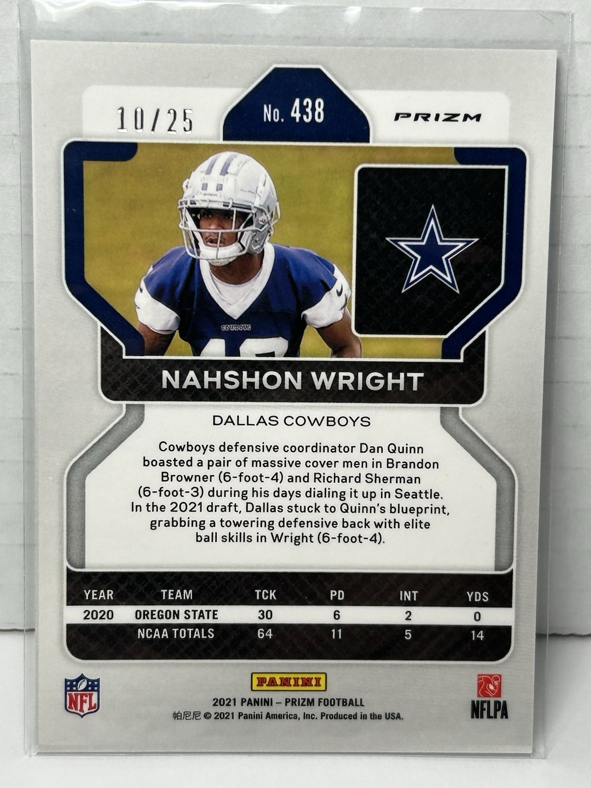 Nahshon Wright NAVY CAMO PRIZM 2021 Panini Prizm Rookie 10/25 #438 RC Cowboys JG