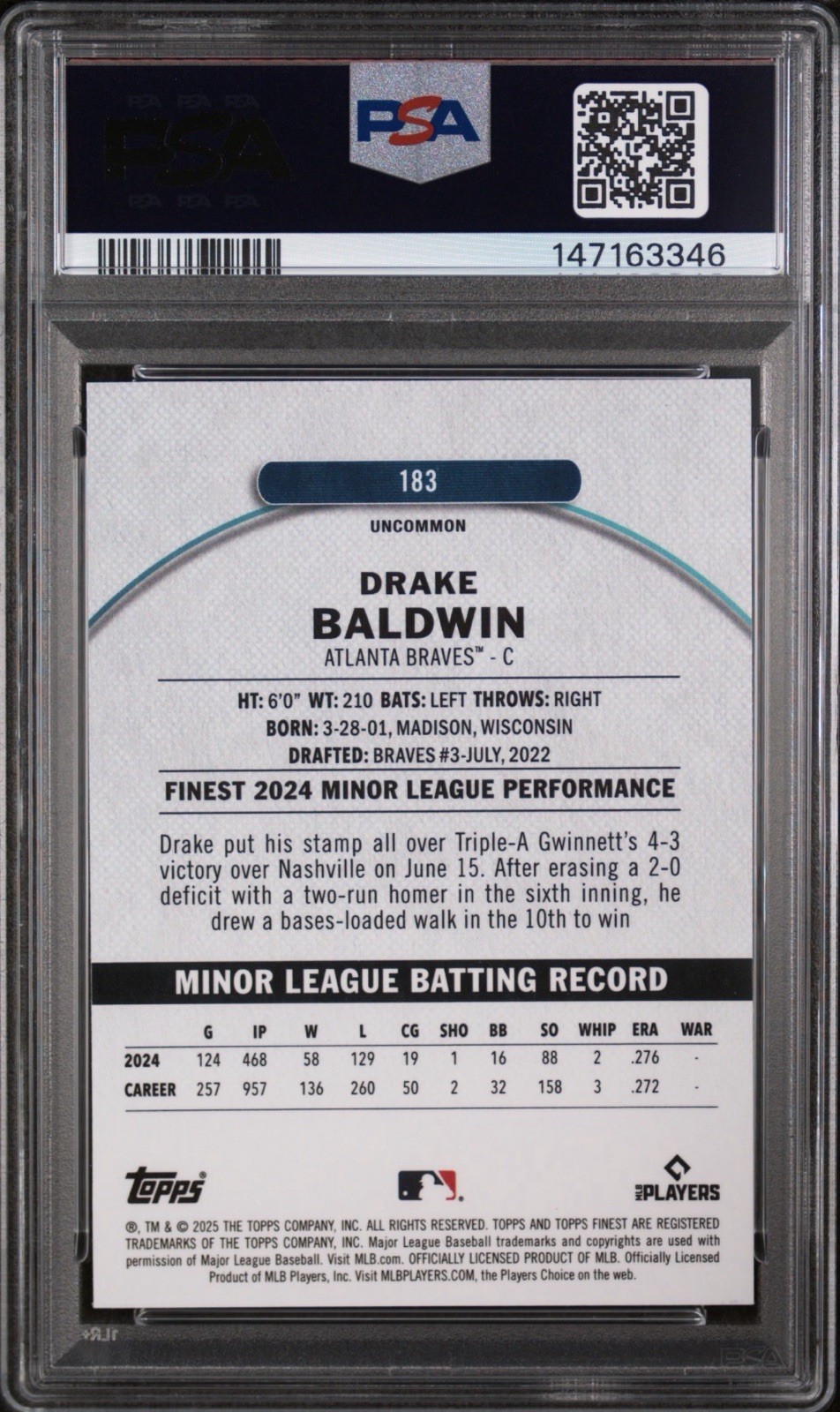 2025 Topps Finest Uncommon Drake Baldwin #183 Blue Checkerboard /150 (RC) Psa 9