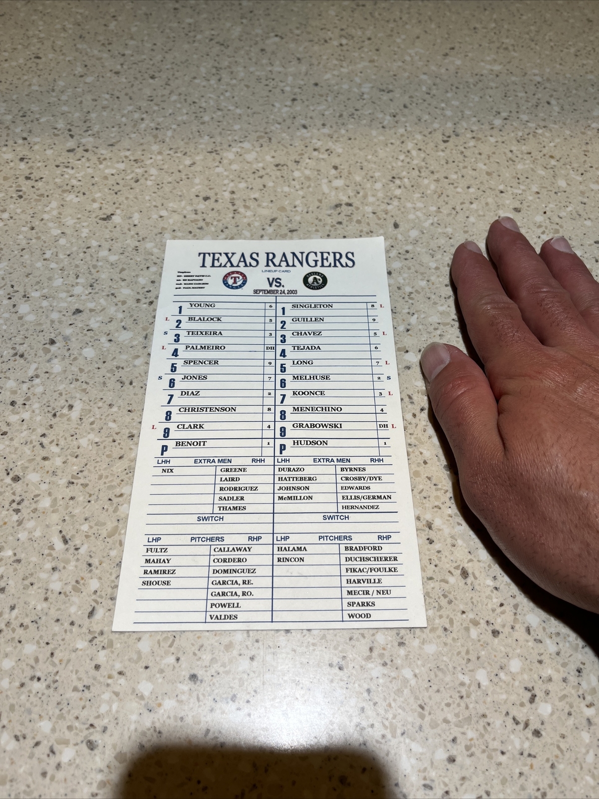 2003 Texas Rangers Game Used Line Up Card Vs Oakland A’s Coaches Card