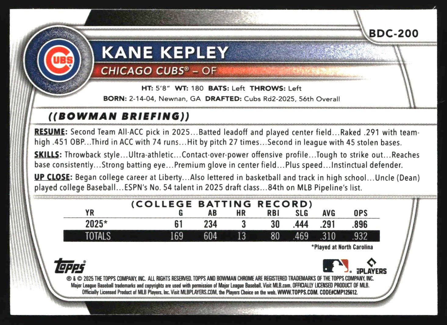 Kane Kepley 2025 Bowman Draft Sapphire Edition #BDC-200