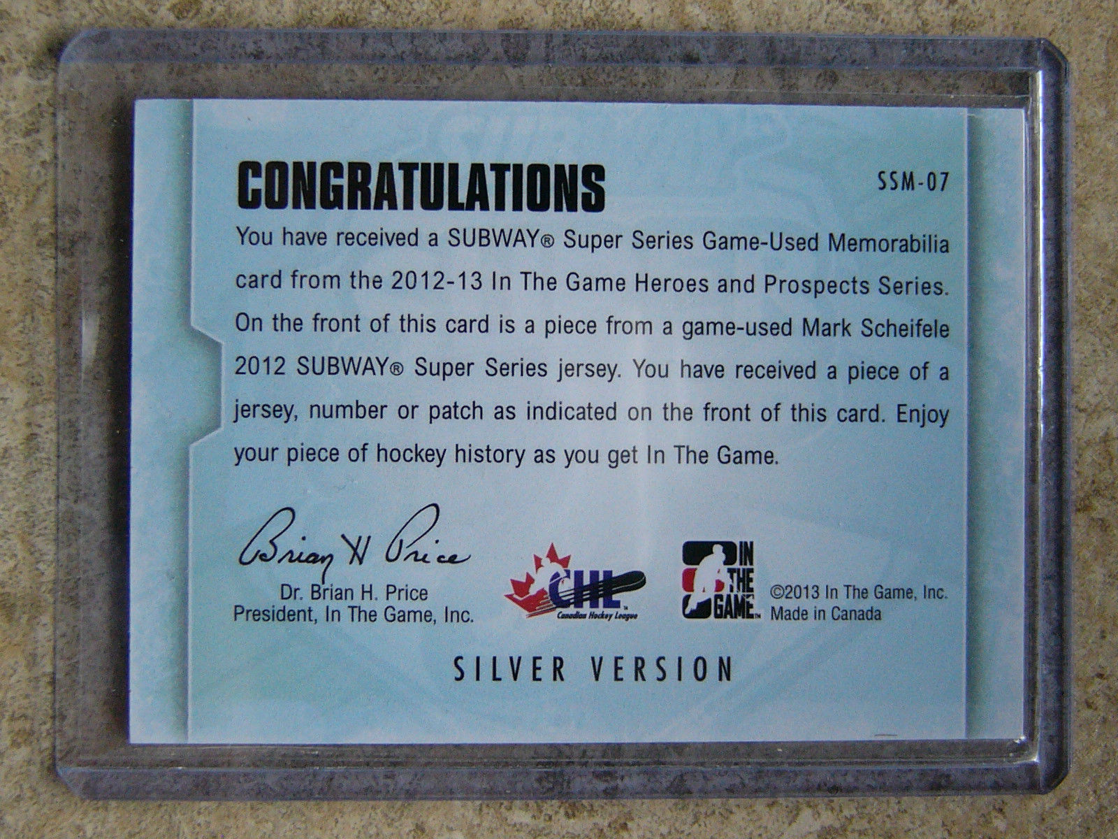 12-13 ITG H&P Heroes Prospects Game-Used Patch MARK SCHEIFELE Silver Version /10