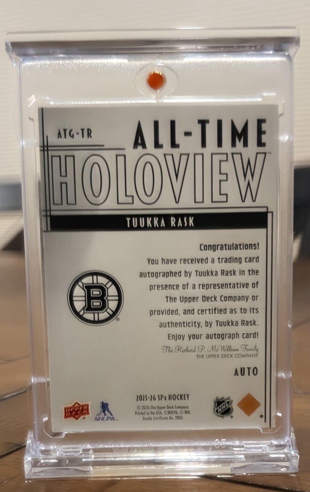 2025-26 Spx – All-Time Holoview Tuukka Rask #ATG-TR Autographs /10 (AU)
