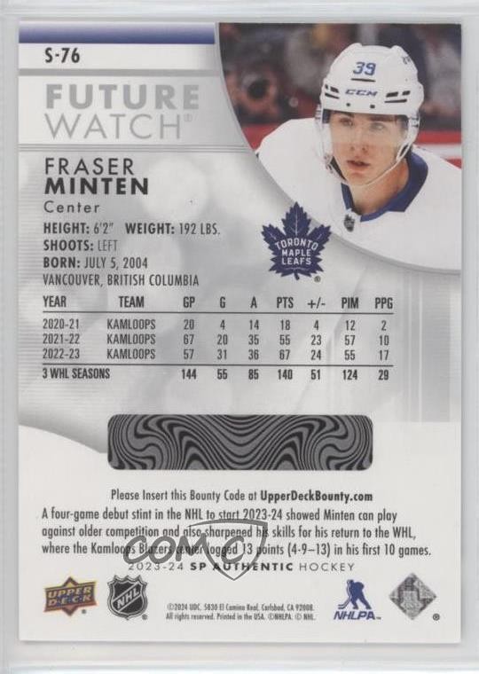 2023-24 SP Authentic Spectrum FX Future Watch Fraser Minten #S-76 Rookie RC 14sr