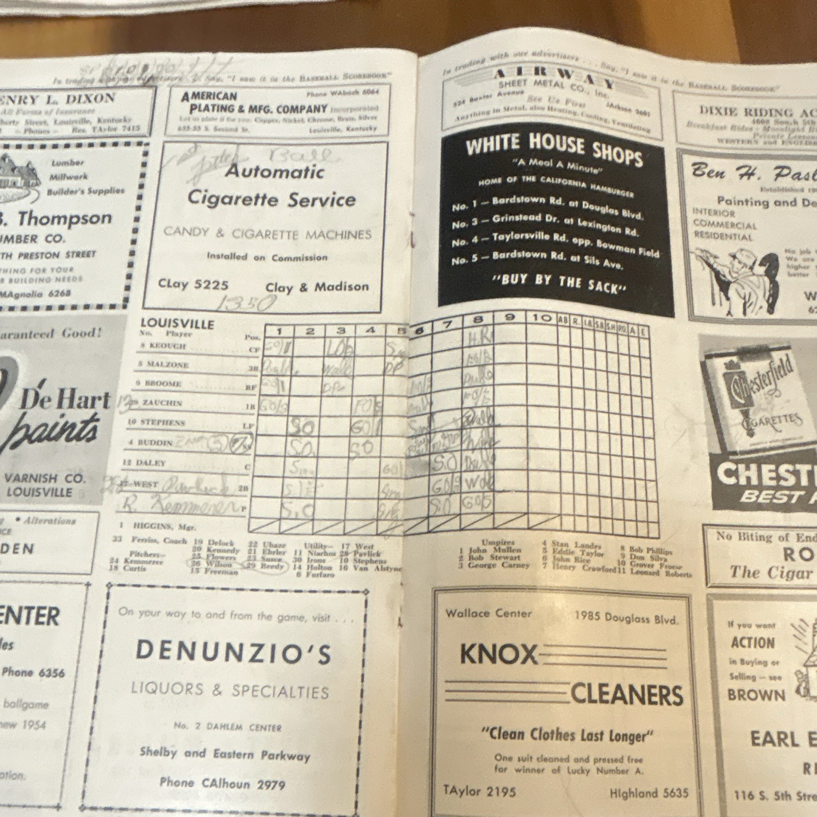 1954 Louisville Colonels Baseball Program Parkway Field w/ Scorecard