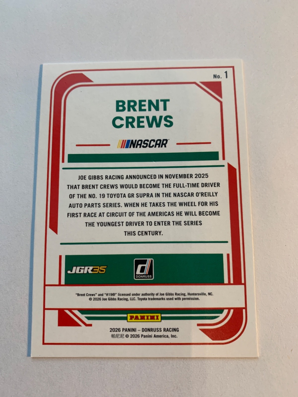 2026 Donruss Racing #1 Brent Crews Red & Blue Parallel