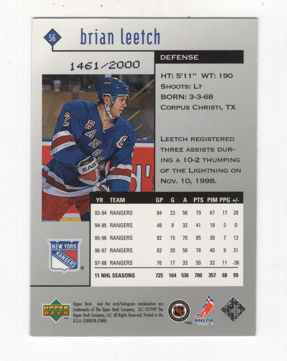1998-99 UD BLACK DIAMOND HOCKEY RED TINT BRIAN LEETCH RANGERS #56 1461/2000