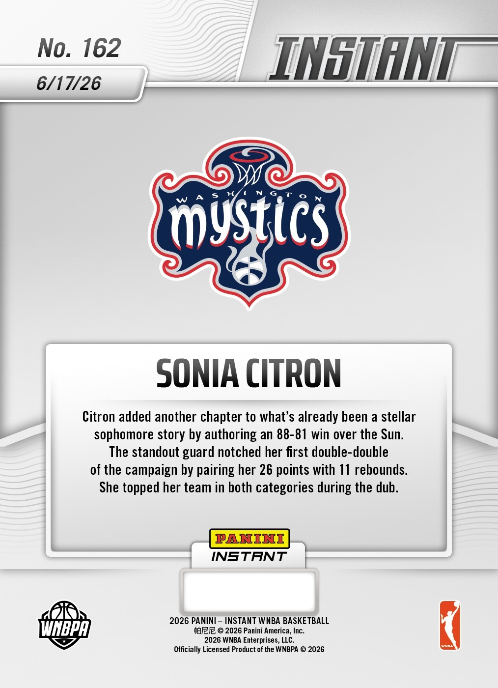 *PRESALE* 2026 Panini Instant WNBA Sonia Citron #162 ~ Washington Mystics