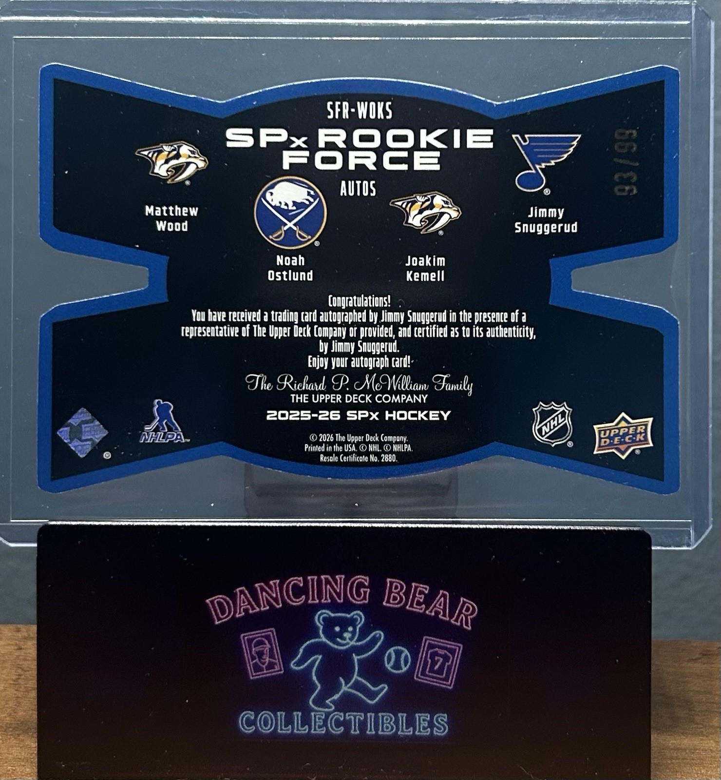 2025-26 UD SPx Rookie Force Jimmy Snuggerud Auto Blues #’d /99 SSP Case Chase