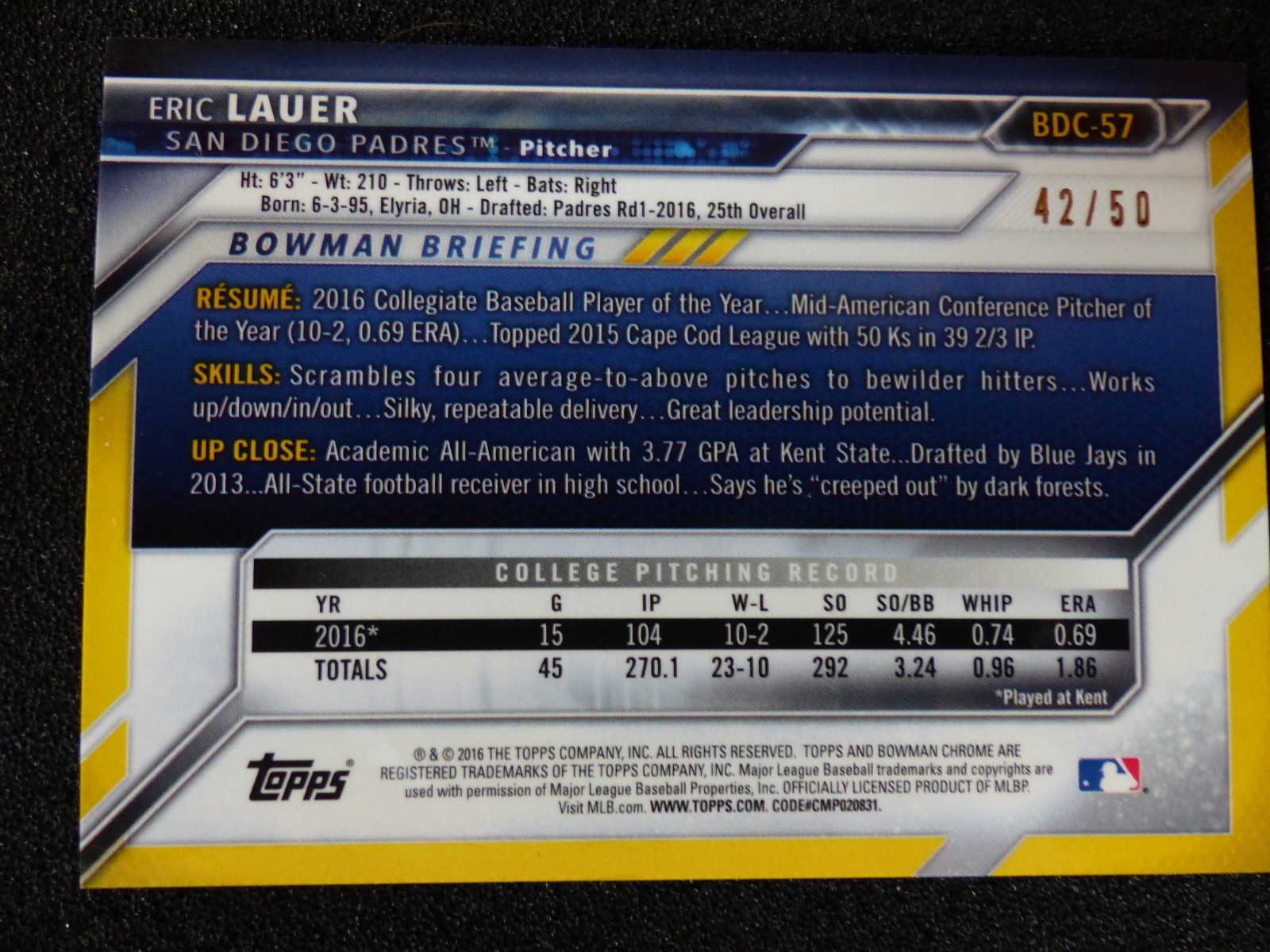 Eric Lauer 2016 1st Bowman Chrome Auto. Refractors: Sky Blue. Gold. 42/50 BDC-57