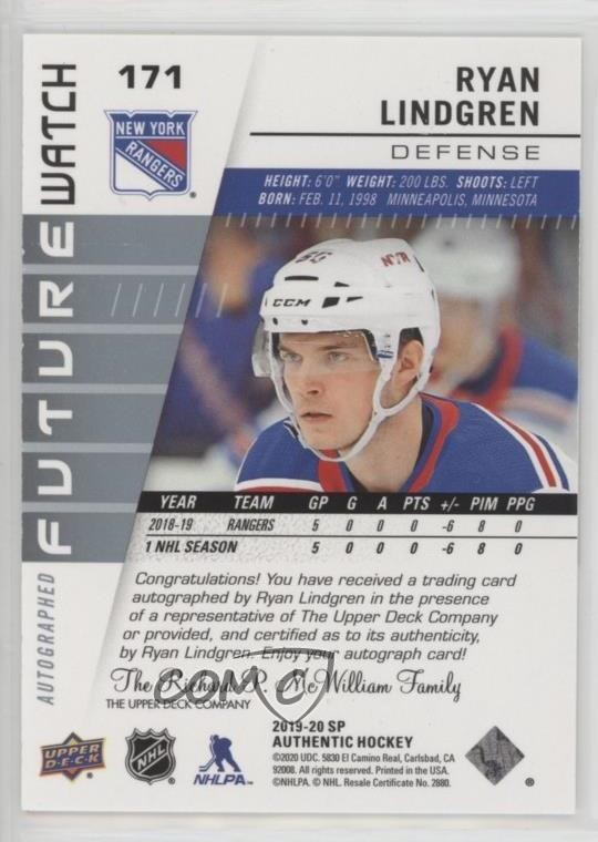 2019 SP Authentic Future Watch Rookies 577/999 Ryan Lindgren Rookie Auto RC 05cr