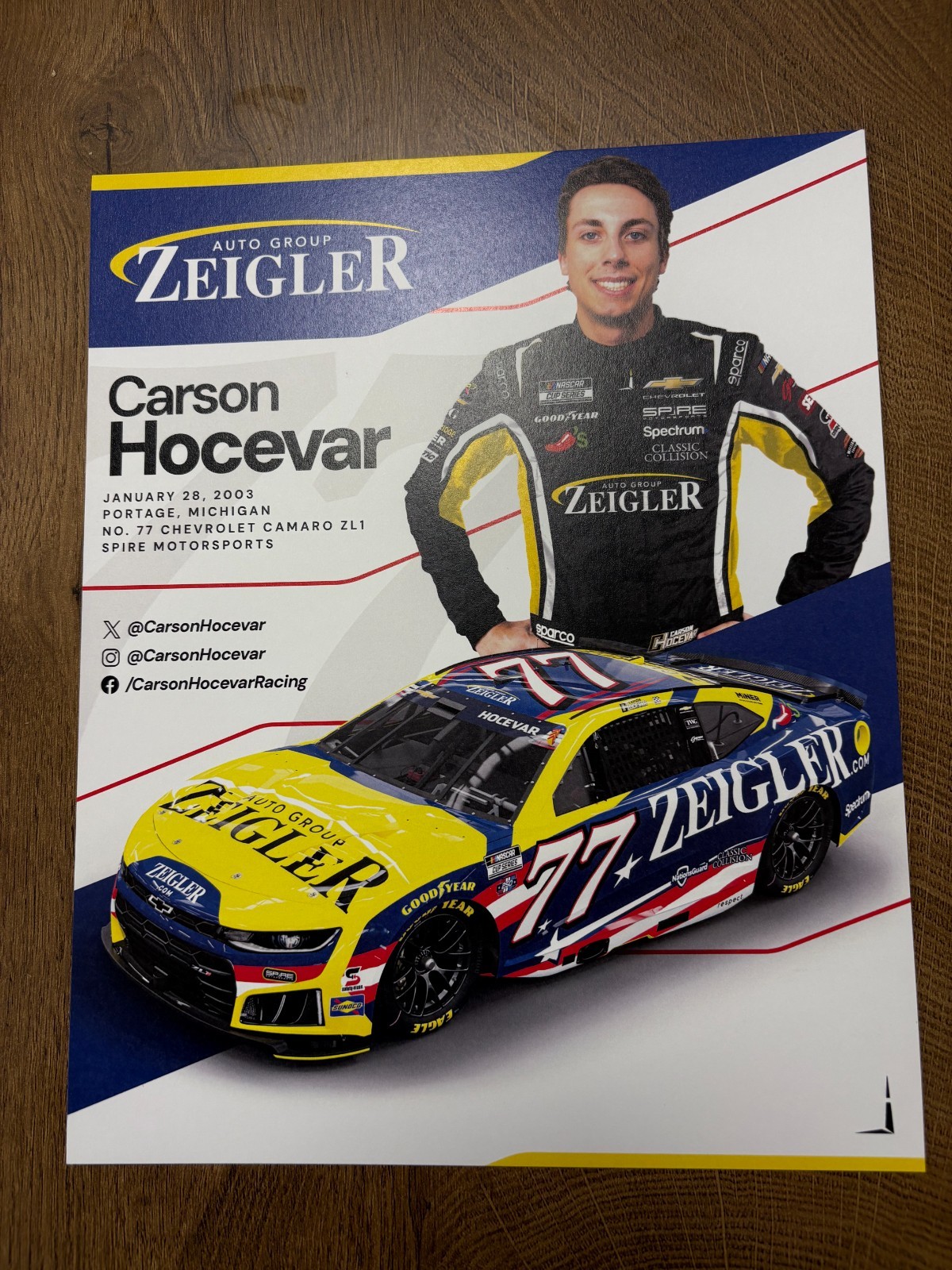 2026 CARSON HOCEVAR “ZEIGLER RED WHITE & BLUE” #77 NASCAR CUP SERIES POSTCARD