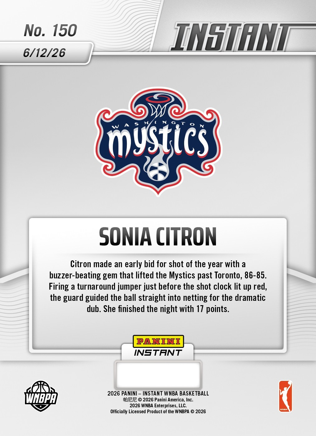 2026 Panini Instant WNBA #150 Sonia Citron Washington Mystics PRESALE