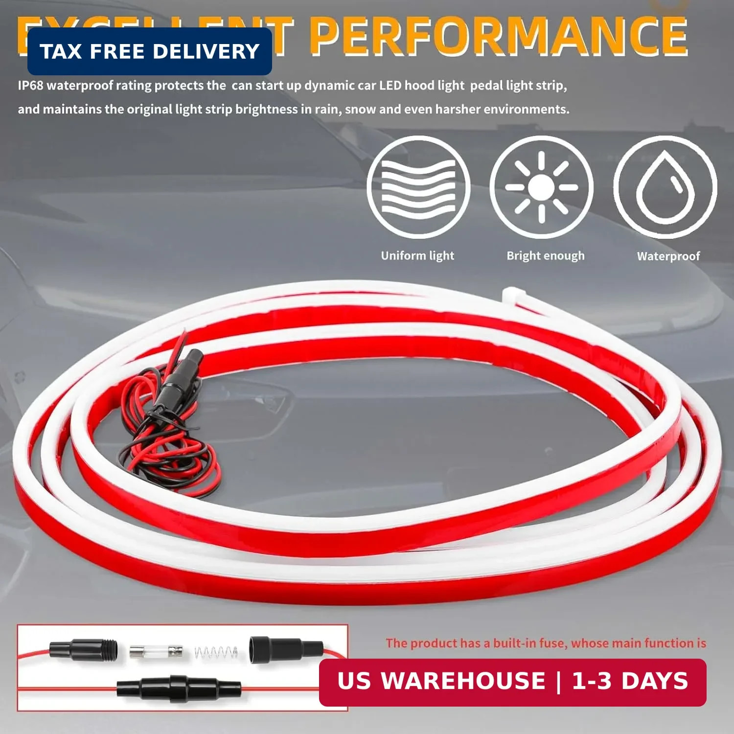 DREAMOTOR 94.5 Inch Car Hood Light Strip, White Exterior Dynamic Car LED Hood Li