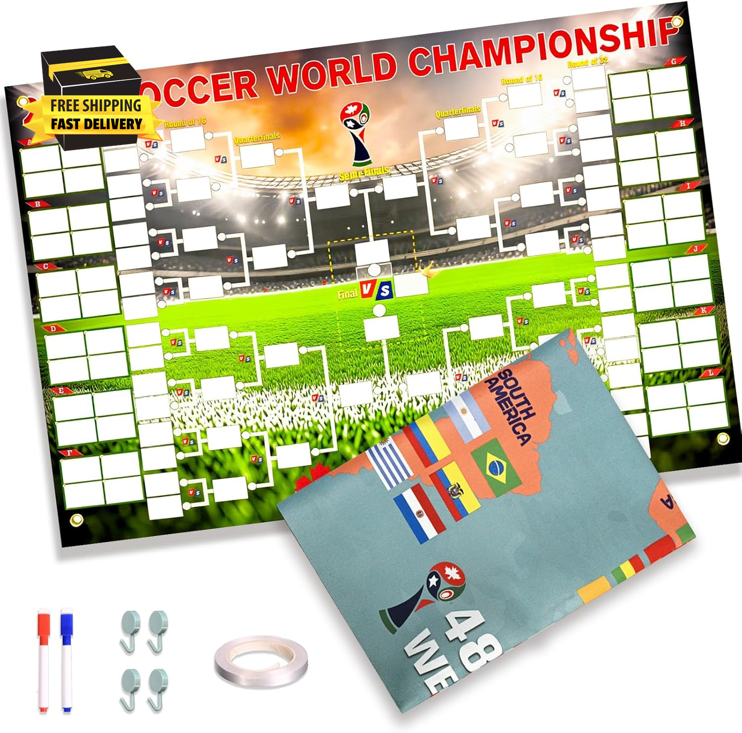 2026 World Cup Schedule Poster, 2-In-1 Double-Sided Soccer Wall Chart with 48-Te