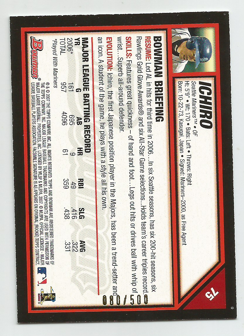 2007 Bowman Blue #75 Ichiro Suzuki #d 80/500 Seattle Mariners