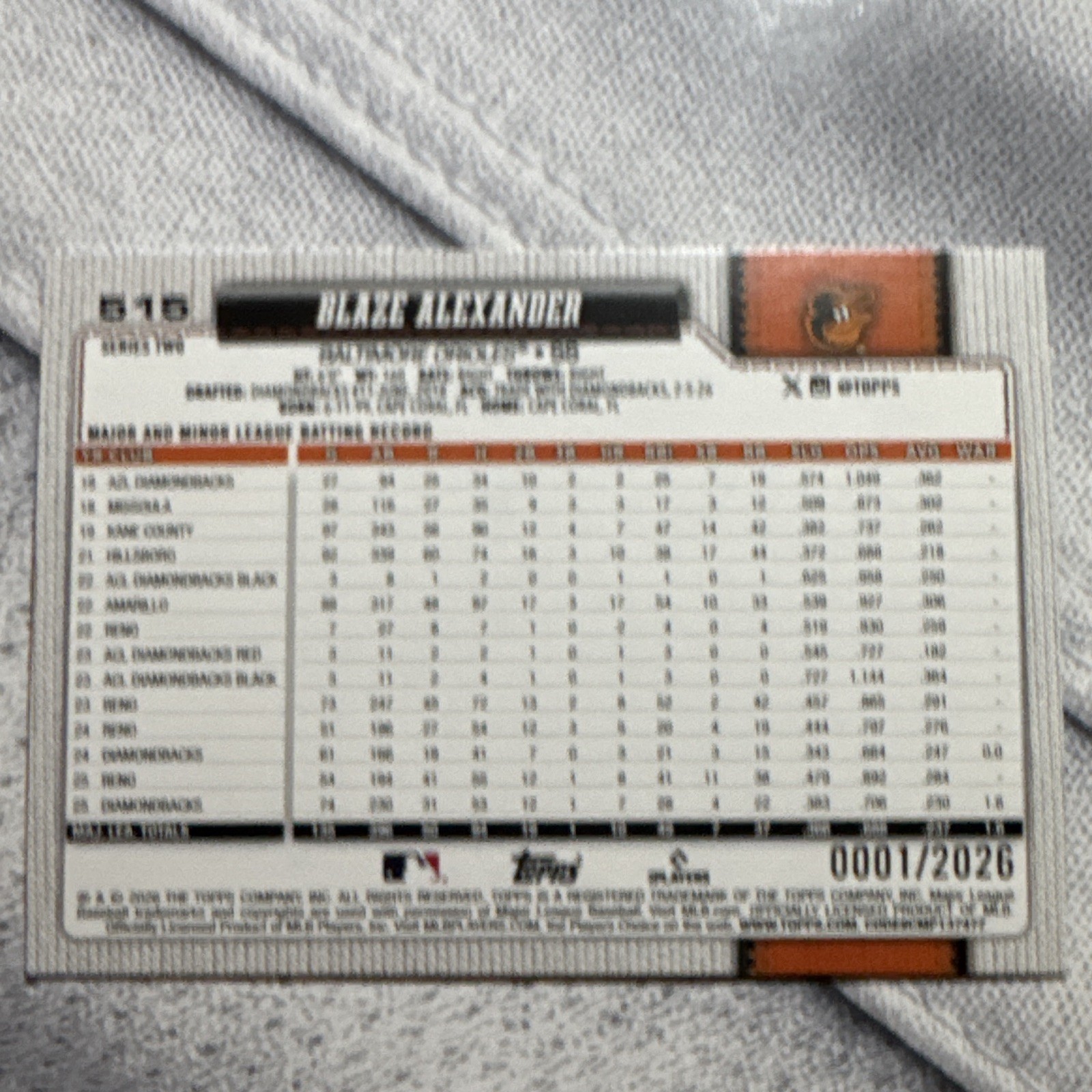 Topps 2026 Blaze Alexander Orioles #515 Gold Boarder Serial Numbered 0001/2026