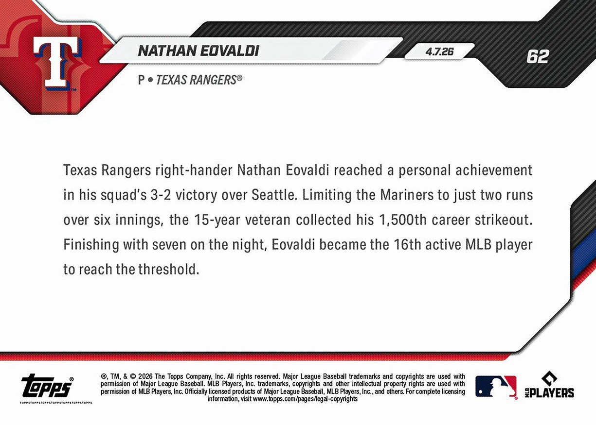 Nathan Eovaldi 1,500th K Strikeout – 2026 MLB Topps NOW – Card 62