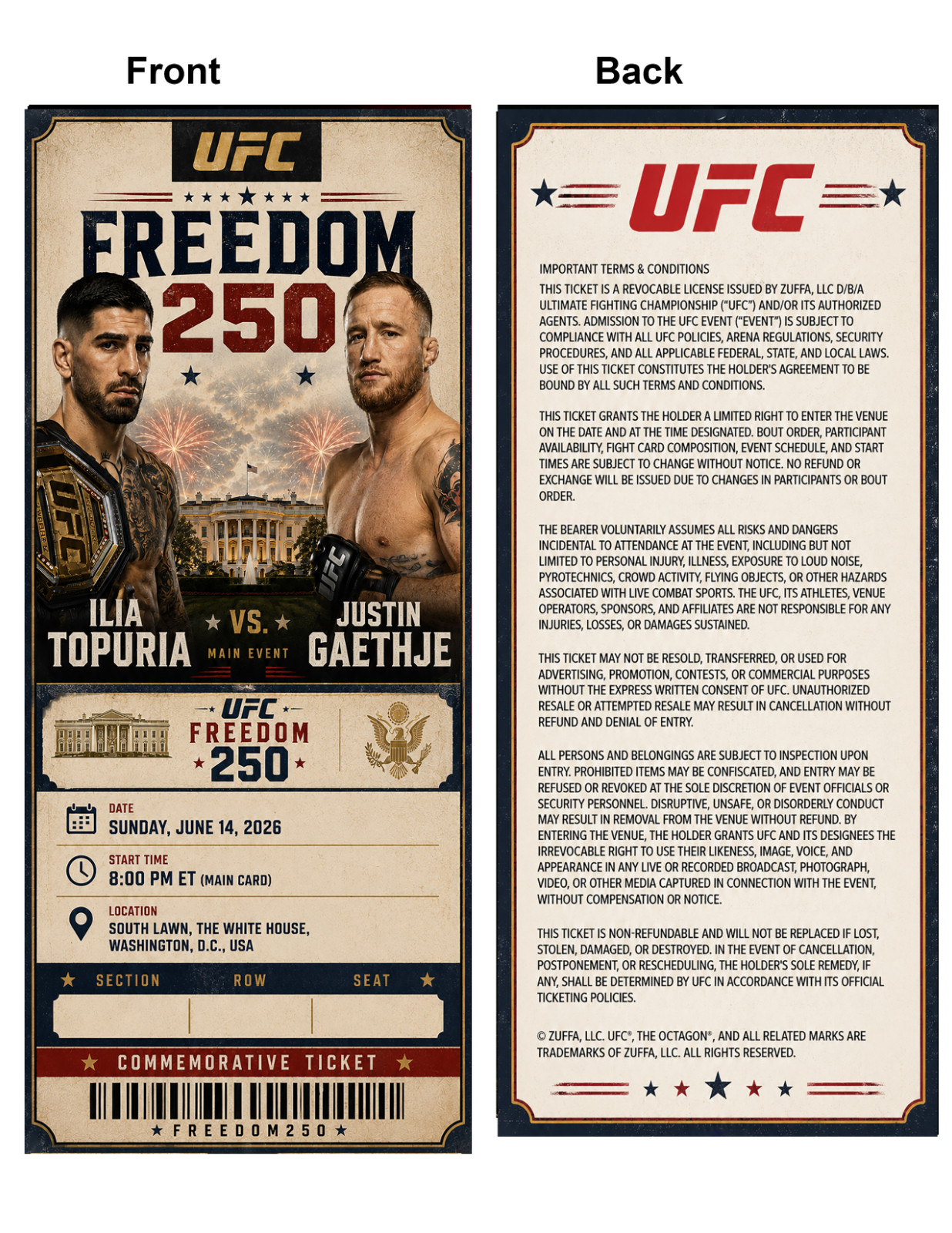 UFC Freedom 250 Ilia Topuria vs. Justin Gaethje Commemorative Ticket Stub Custom